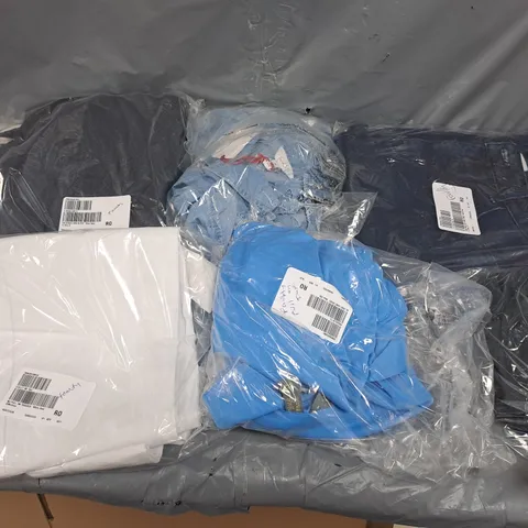 APPROXIMATELY 15 ASSORTED CLOTHING ITEMS IN VARIOUS SIZES, COLOURS & STYLES TO INCLUDE TROUSERS, SHIRTS, DENIM BLAZER, ETC