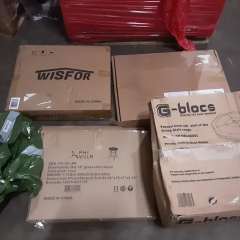 PALLET OF ASSORTED PRODUCTS INCLUDING WISFOR, G-BLOCS PARASOL BASE SET, PHI VILLA GLASS TABLE, KARMIC WOOD, VACMASTER, FLOOR LAMP  