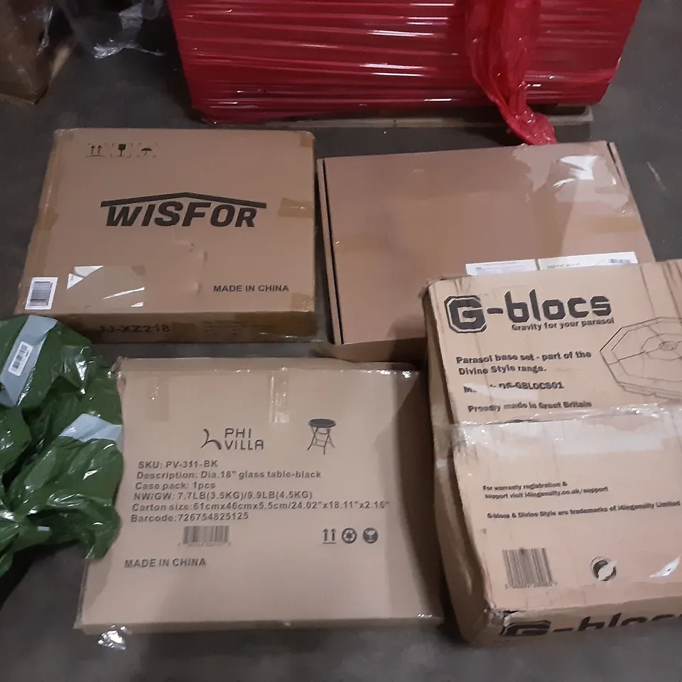 PALLET OF ASSORTED PRODUCTS INCLUDING WISFOR, G-BLOCS PARASOL BASE SET, PHI VILLA GLASS TABLE, KARMIC WOOD, VACMASTER, FLOOR LAMP  