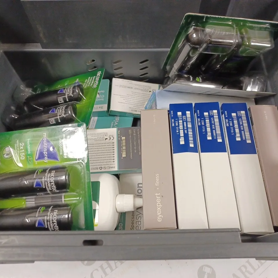 BOX TO CONTAIN APPROX. 25 ASSORTED VISION CARE PRODUCTS & SMOKING PREVENTION PRODUCTS. INCLUDES CONTACT LENSES & CLEANING SOLUTION, NICORETTE SPRAY ETC. 