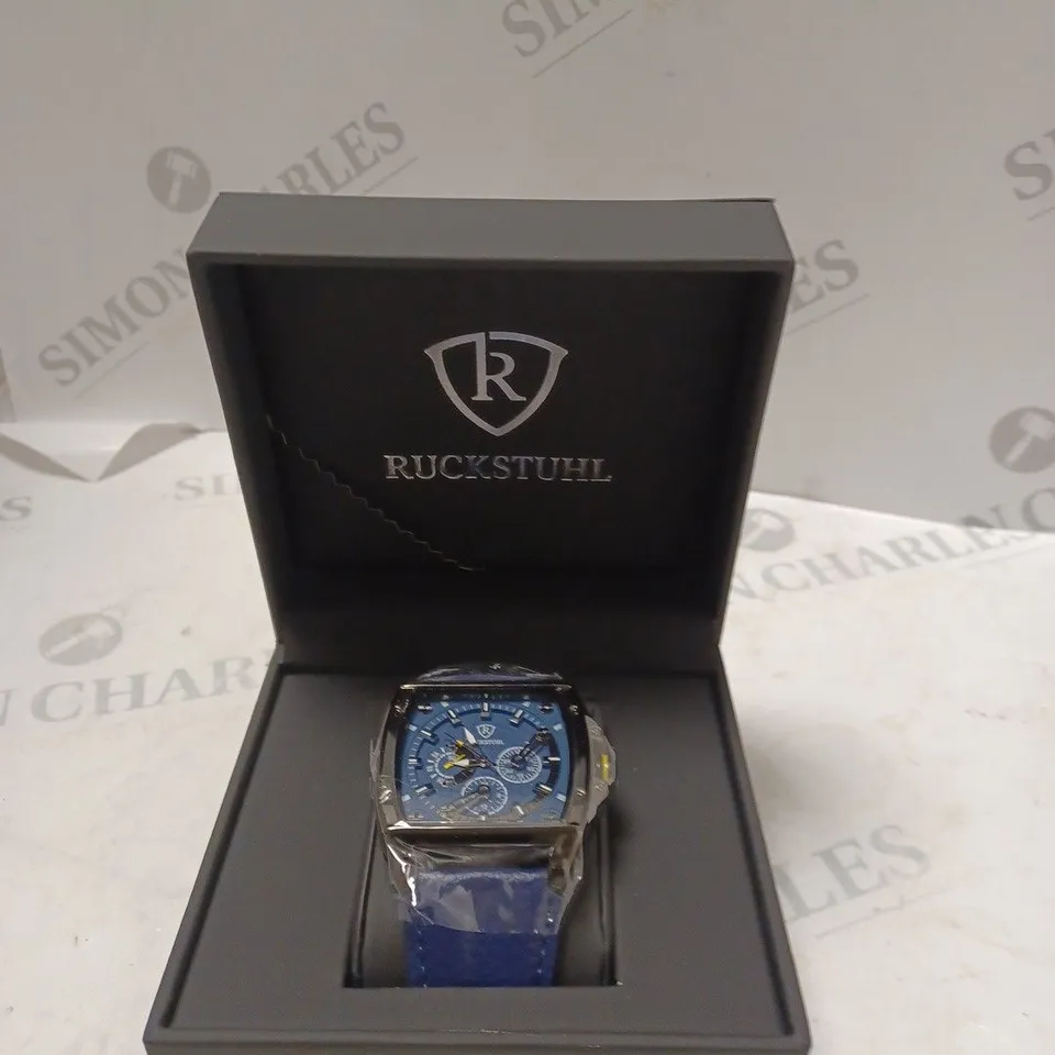 MEN’S RUCKSTUHL R300 CHRONOGRAPH WATCH – BLUE MULTI FUNCTION DIAL – BLACK CASE -3ATM WATER RESISTANT – GENUINE LEATHER STRAP