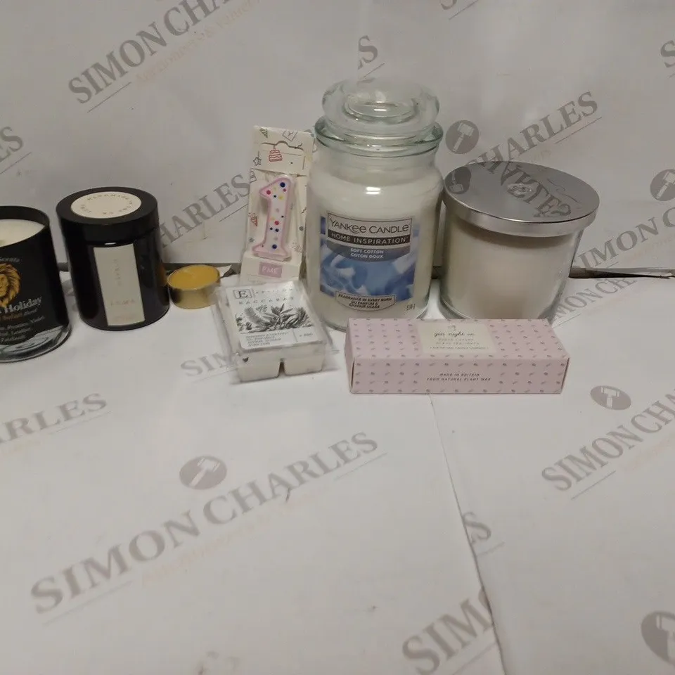 8 ASSORTED SCENTED CANDLES BRANDS TO INCLUDE YANKEE, AROMA HOLIDAY, LUMA