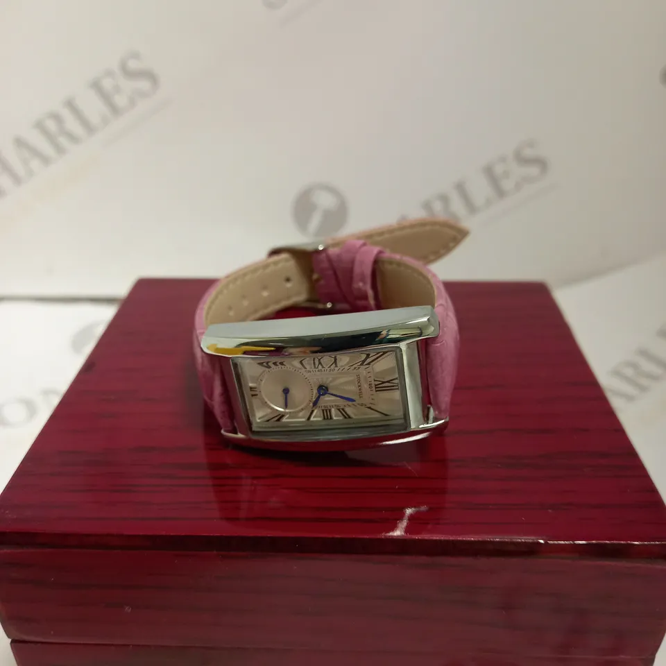 LADIES STOCKWELL WATCH – TEXTURED DIAL WITH SUB DIAL MINUTE HAND – PINK LEATHER STRAP.