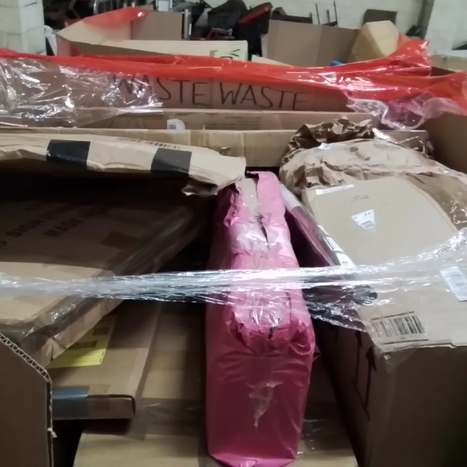 PALLET OF ASSORTED HOUSEHOLD GOODS AND PRODUCTS TO INCLUDE;ARTIFICIAL TREE,PORTABLE MONITOR,DEVELOPMENT TOY FOR KIDS