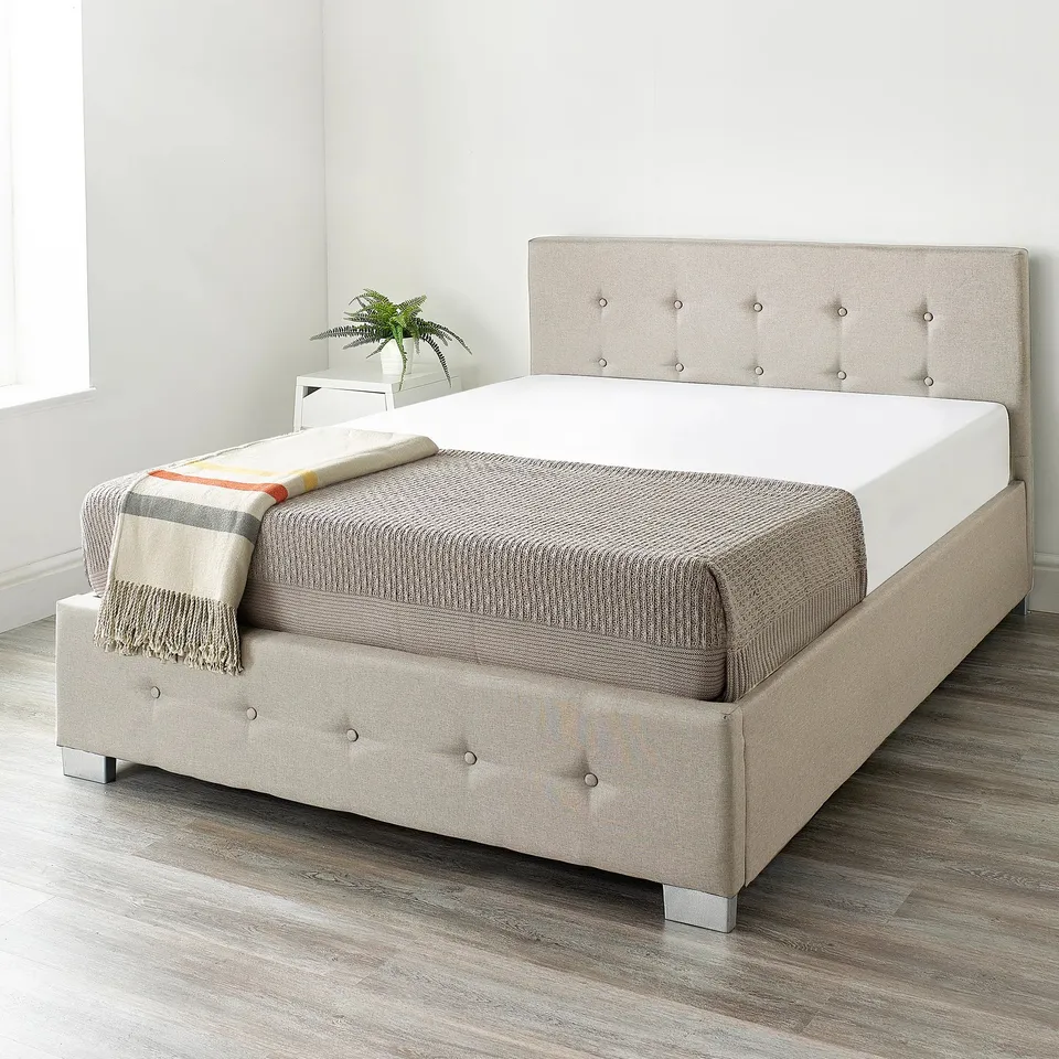 BOXED CADDO FABRIC UPHOLSTERED OTTOMAN BED FRAME - NATURAL // SIZE: 120 X 190CM (2 BOXES)