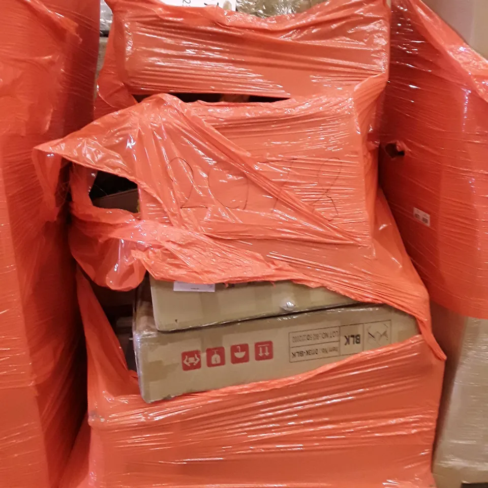 PALLET OF ASSORTED PRODUCTS INCLUDING L-SHAPED DESK, METAL CLOTHES RACK WITH STORAGE, OFFICE CHAIR 