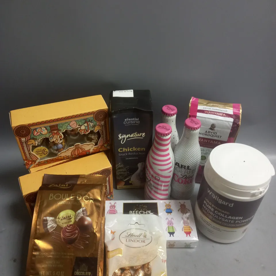 BOX OF APPROX 10 ASSORTED FOOD ITEMS TO INCLUDE - KARL LAGERFIELD DIET COKE - LINDT WHITE CHOCOLATE EGGS - WELLGARD COLLAGEN POWDER ETC