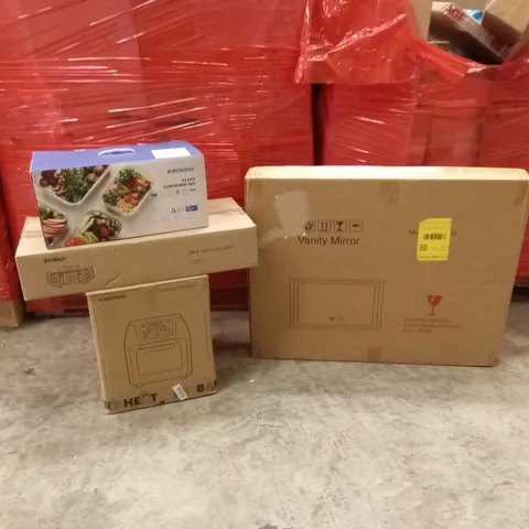 PALLET OF ASSORTED HOUSEHOLD GOODS AND PRODUCTS TO INCLUDE; VANITY MIRROR, PLAYPEN, AIR FRYER, LED FLOOD LIGHT ETC