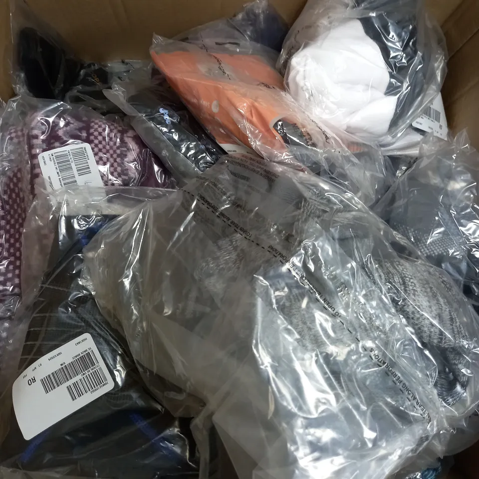 LARGE BOX OF APPROXIMATELY 35 CLOTHING ITEMS ALL IN DIFFRENT COLOURS AND SIZES 