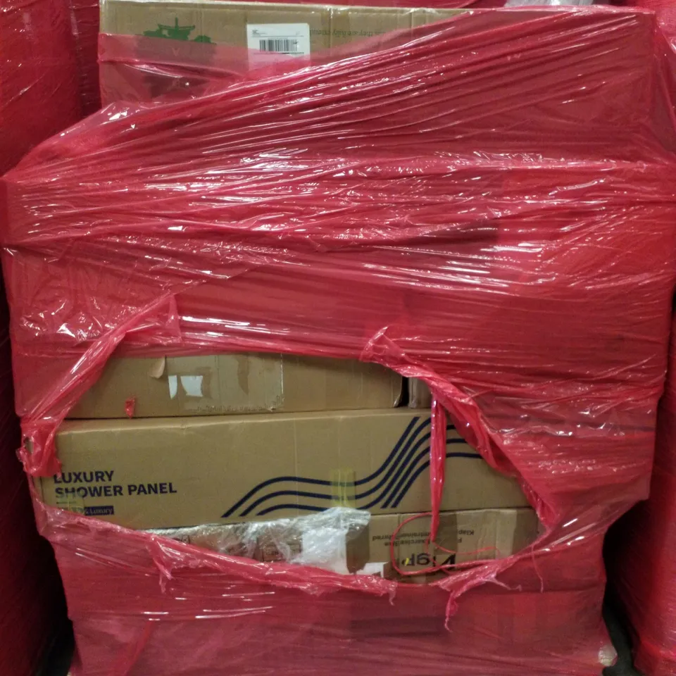 PALLET CONTAINING ASSORTED PRODUCTS INCLUDING CHRISTMAS TREE, CHRISTMAS WREATH, SHOWER PANEL & EXERCISE BIKE