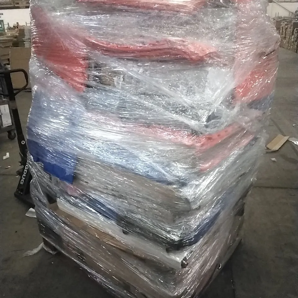 PALLET CONTAINING A LARGE QUANTITY OF ASSORTED HOUSEHOLD GOODS WHICH INCLUDE; FANS, SUITCASES, PARASOLS, CHAIRS, PLAYPEN ETC