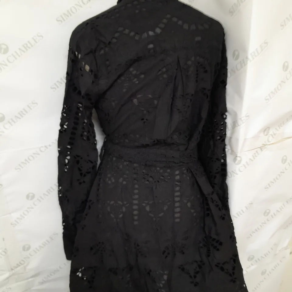 KAREN MILLEN COTTON BRODERIE BELTED MINI DRESS IN BLACK SIZE 14