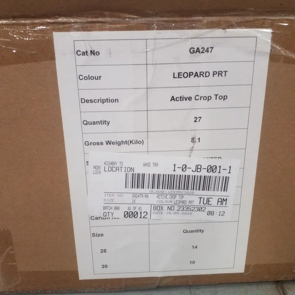 BOX CONTAINING APPROXIMATELY 12 BRAND NEW SIMPLY BE LEOPARD PRINT ACTIVE CROP TOP - SIZE 16