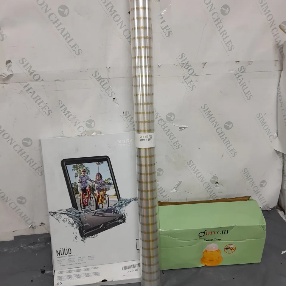 APPROXIMATELY 12 ASSORTED ITEMS TO INCLUDE GOLD DOT FILM, NUUD LIFEPROOF TABLET CASE, ODIVCHII WASP TRAP, ETC