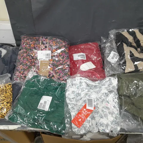 BOX OF APPROXIMATELY 10 ASSORTED PIECES OF CLOTHING IN VARIOUS STYLES, SIZES, AND BRANDS 