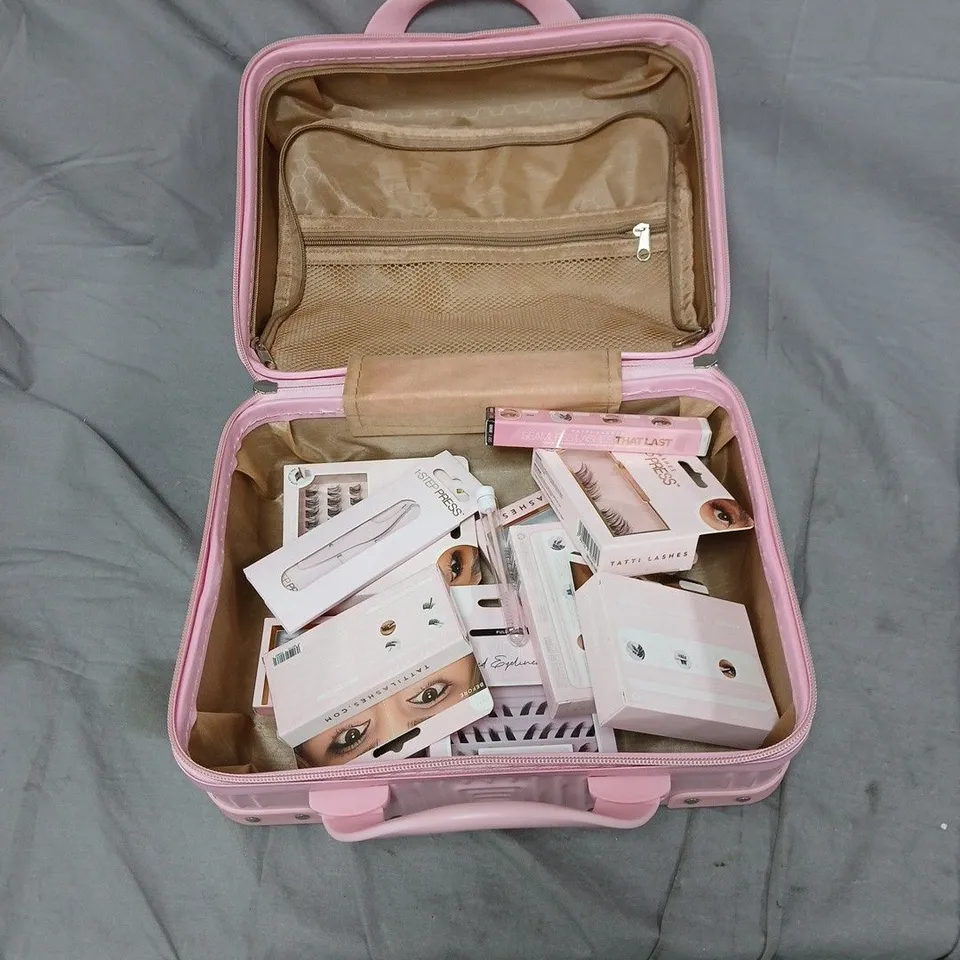 TATTI LASHES PINK CARRY CASE WITH ASSORTED HEALTH AND BEAUTY ITEMS 