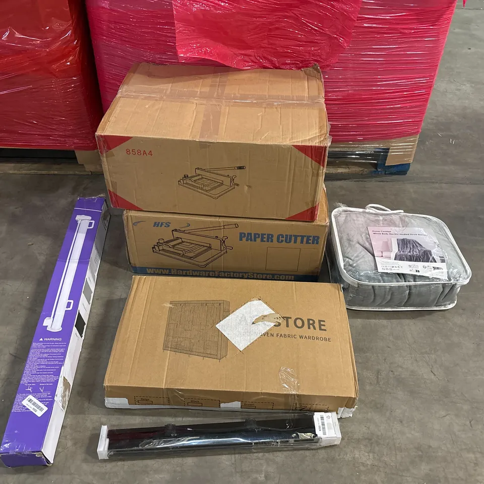 PALLET OF ASSORTED CONSUMER PRODUCTS TO INCLUDE: PAPER CUTTERS, HEATED BLANKET, FABRIC WARDROBE, RETRACTABLE SAFETY GATE, BLINDS ECT