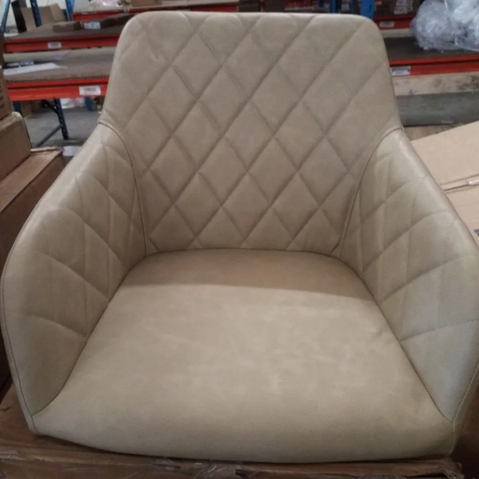 BOXED PAIR OF SOFT FAUX LEATHER UPHOLSTERED BEIGE SIDE/DINING CHAIRS.