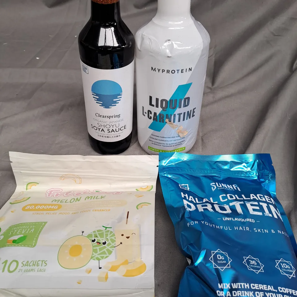 BOX OF APPROXIMATELY 10 ITEMS TO INCLUDE SOYA SAUCE, MELON MILK, COLLAGEN PROTEIN ETC