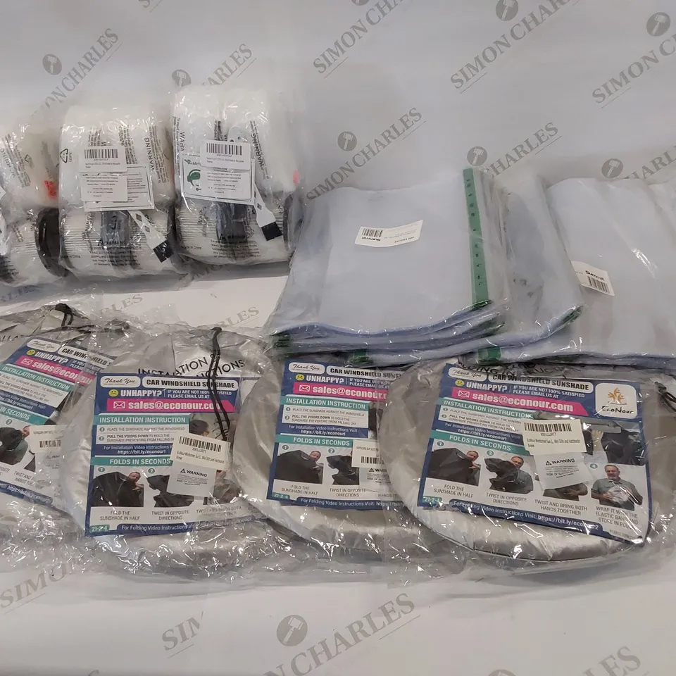 14 BRAND NEW ITEMS TO INCLUDE: 3 X REBIRTHCARE WASHANLE+REUSABLE, 5 X ECONOUR CAR WINDSHIELD SHADES, 6 PACKS OF 100 