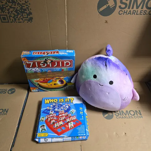 LARGE BOX OF APPROXIMATELY 20 ASSORTED TOYS AND GAMES TO INCLUDE WHO IS IT BOARD GAME, FOREIGN MONOPOLY, SQUISHMALLOW ETC - COLLECTION ONLY