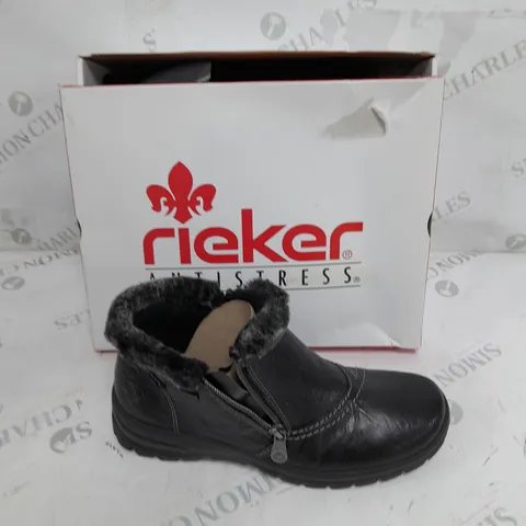 BOXED RIEKER ANKLE BOOTS WITH FUR CUFF, BLACK - SIZE 6