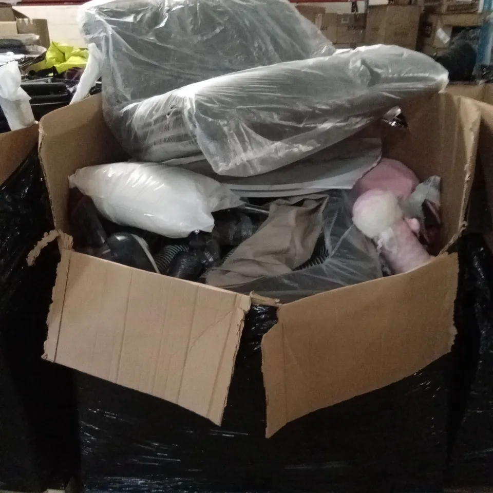 PALLET OF ASSORTED GOODS AND PRODUCTS TO INCLUDE; VENETIAN BLIND, TAKEAWAY COFFEE CUPS, SOFT TOYS, VACUUM CLEANER ETC 