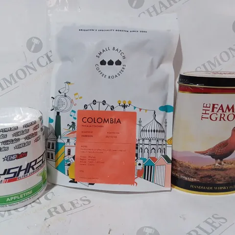 APPROXIMATELY 8 ASSORTED FOOD & DRINK ITEMS TO INCLUDE THE FAMOUS GROUSE HANDMADE WHISKY FUDGE, COLOMBIA COFFEE BEANS, EHPLABS OXYSHRED, ETC