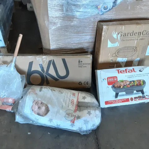 PALLET OF ASSORTED PRODUCTS TO INCLUDE GARDENCO GRILL, SNOOZZ BABY CUSHION, LEGACY HOMEWARE, TEFAL POWERGRILL, 6KU KICK SCOOTER