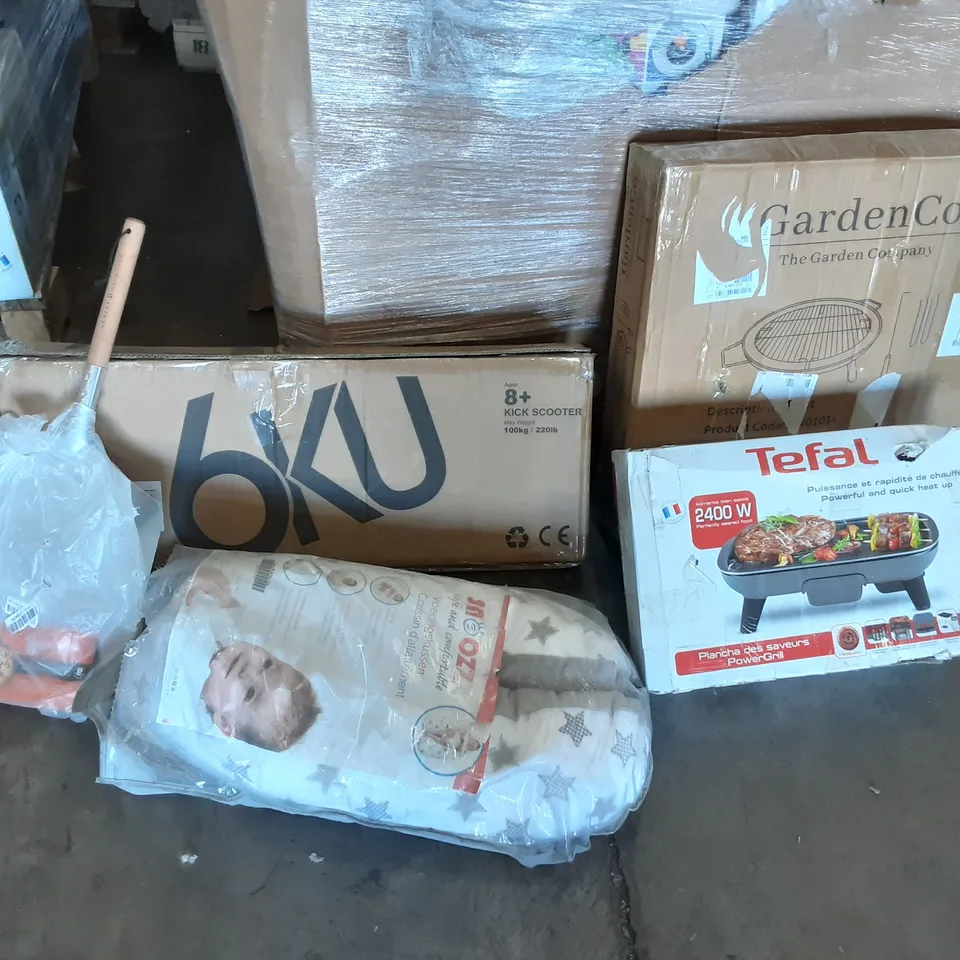 PALLET OF ASSORTED PRODUCTS TO INCLUDE GARDENCO GRILL, SNOOZZ BABY CUSHION, LEGACY HOMEWARE, TEFAL POWERGRILL, 6KU KICK SCOOTER