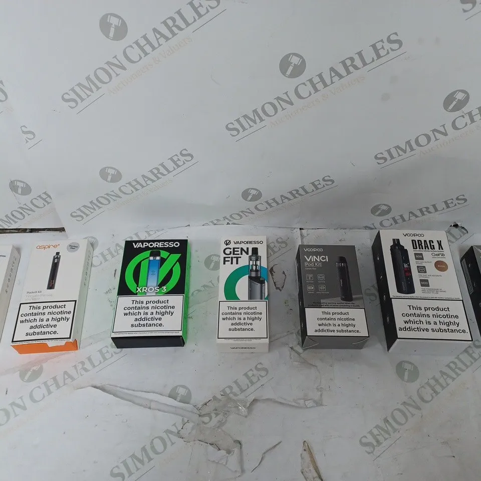 APPROXIMATELY 10 BOXED E-CIGARETTES TO INCLUDE VAPORESSO GEN FIT, VOOPOO VINCH POD KIT, AND ASPIRE POCKEX KIT ETC. 