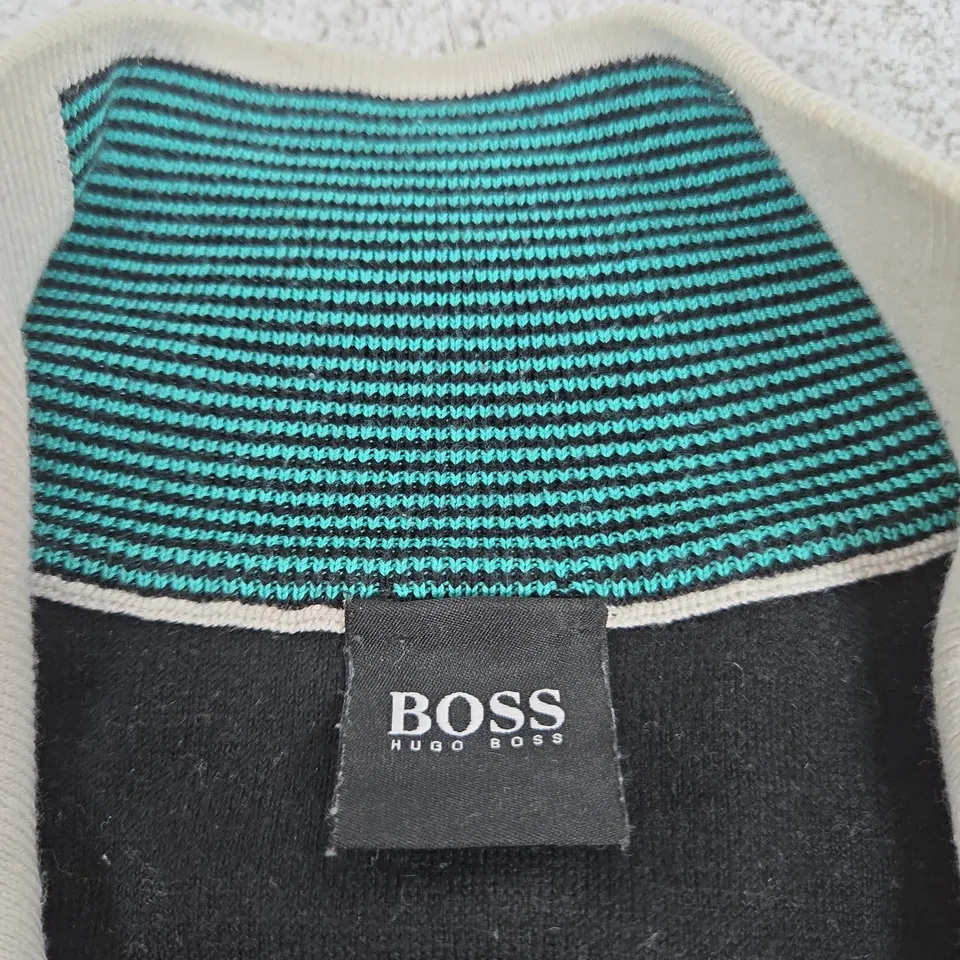 HUGO BOSS COLOUR-BLOCK KNIT PULLOVER – BLACK/TEAL/WHITE, ZIP NECK (MEN'S) SIZE XL
