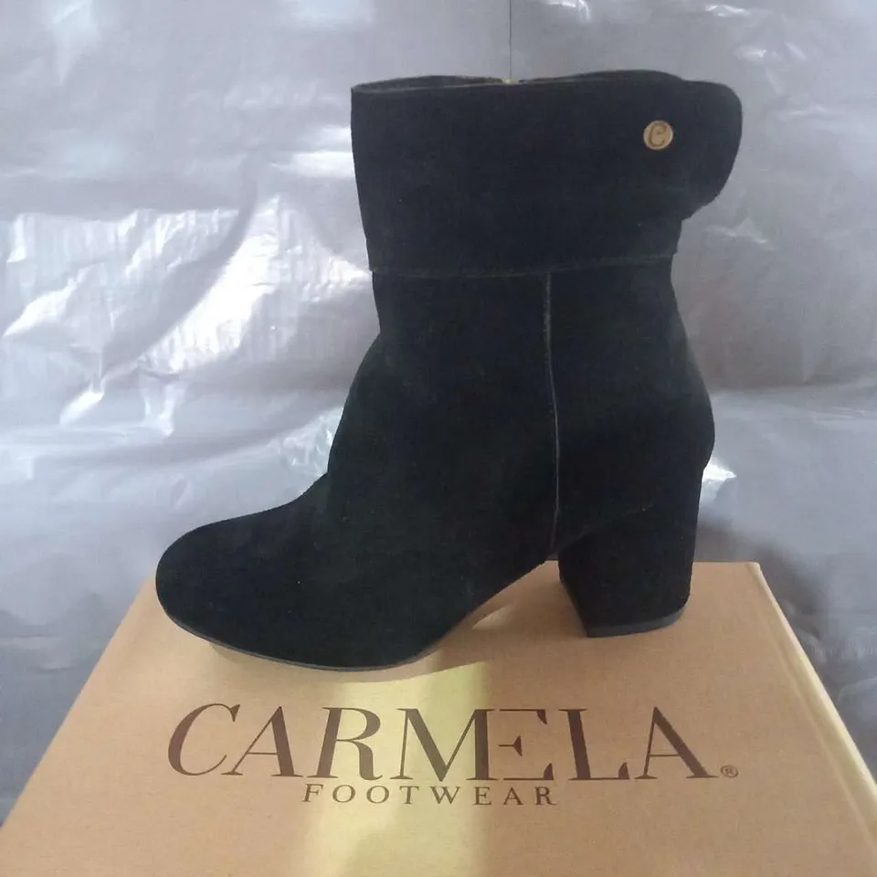 BOXED CARMELA GRACE BLACK SUEDE ANKLE BOOTS SIZE 36