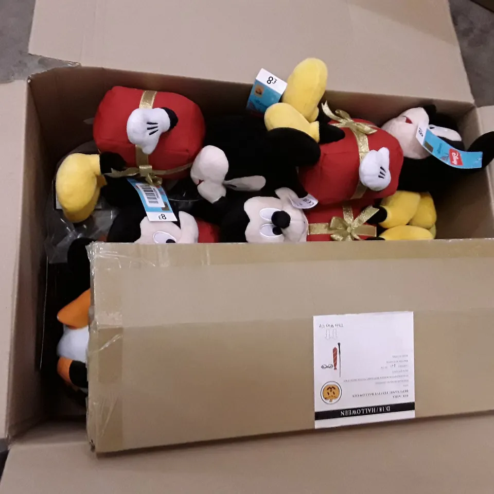 BOX CONTAINING ASSORTED BRAND NEW HALLOWEEN DECORATIONS & MICKEY IN PRESENT TOYS