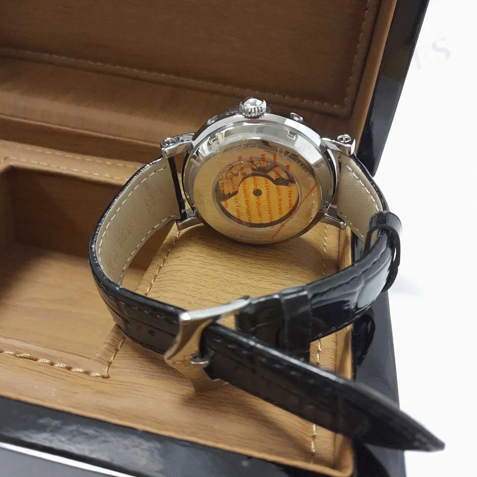 WILLIAM JOURDAIN PART SKELETON WAVE DIAL LEATHER STRAP WATCH