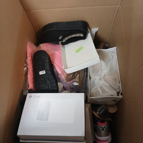 BOX OF APPROXIMATELY 15 ASSORTED PAIRS OF SHOES IN VARIOUS STYLES , COLOURS AND SIZES 