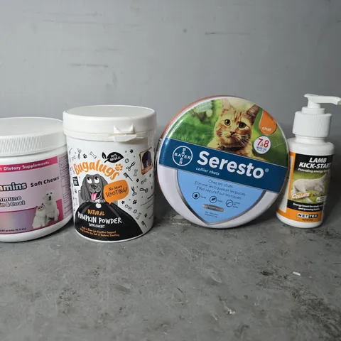 TOTE OF APPROXIMATELY 13 ASSORTED PET ITEMS TO INCLUDE -SERESTO , LAMB KICK STARTER , BUGALUGS PUMPKIN POWDER ETC