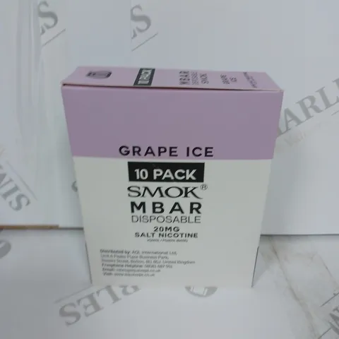 BOX OF APPROXIMATELY 10 BOXES OF GRAPE ICE 10 PACK SMOK M BAR DISPOSABLE 20MG SALT NICOTINE