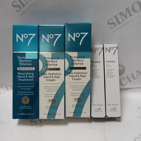 LOT OF 5 ASSORTED NO.7 PRODUCTS TO INCLUDE NOURISHING HAND/NAIL TREATMENT, DAILY HYDRATION HAND/NAIL CREAM, YOUTHFUL EYE SERUM
