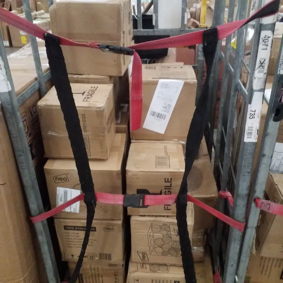 CAGE CONTAINING ASSORTED NEO CHRISTMAS BAUBLES, TREE SKIRT, TREE STAND & EGG BOILER