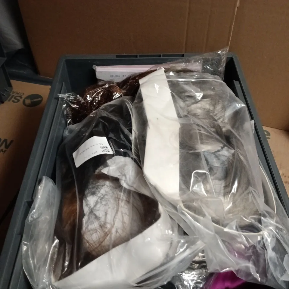 BOX OF APPROXIMATELY 10 WIGS AND HAIE EXTENSIONS 