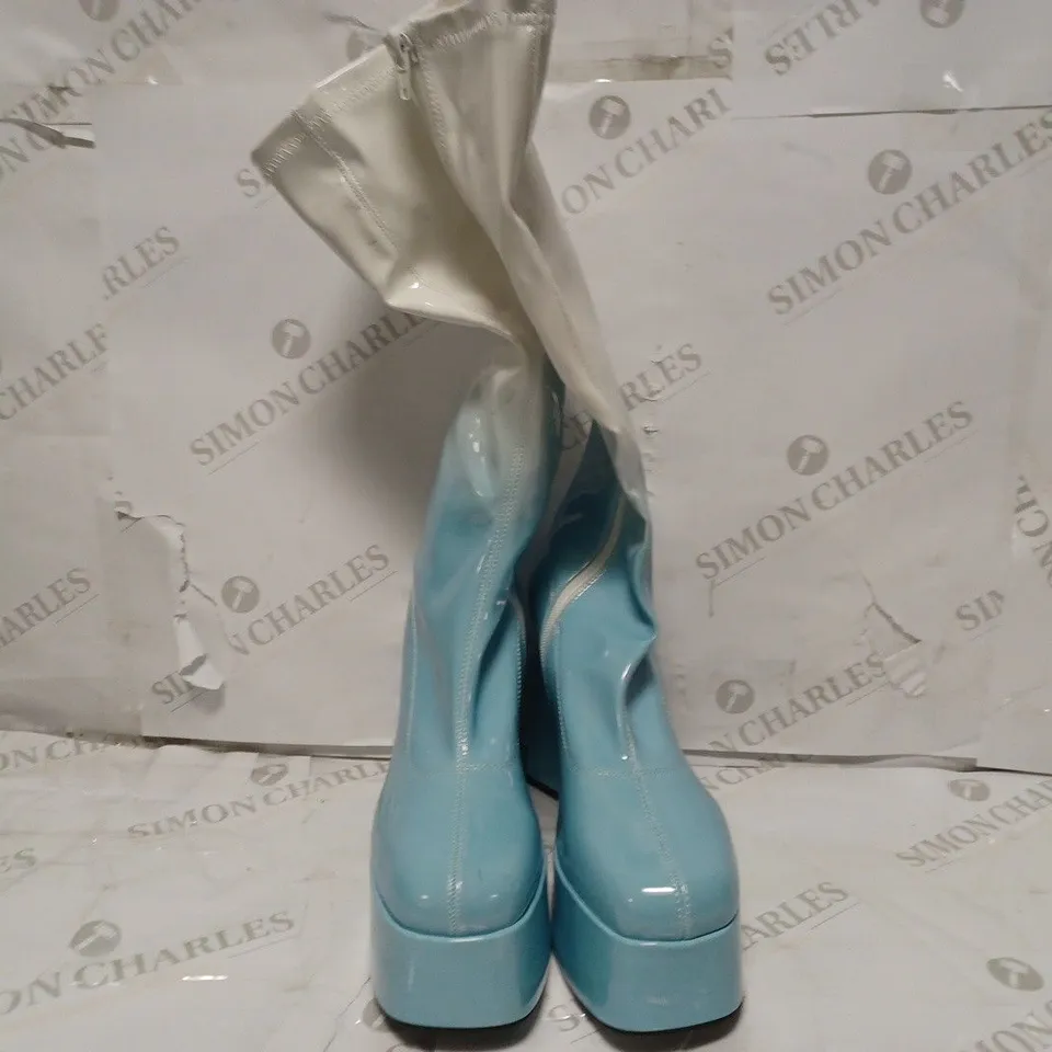 PAIR OF KOI DESIGNER VEGAN BUBBLEGUM BURST HEELED LONG BOOTS IN BLUE/WHITE - SIZE 6