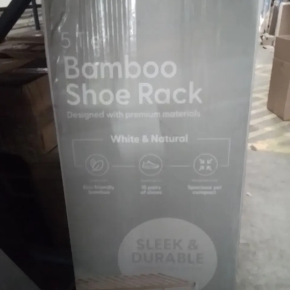 BOXED KEPLIN 5 TIER BAMBOO SHOE RACK WHITE AND NATURAL COLOUR 