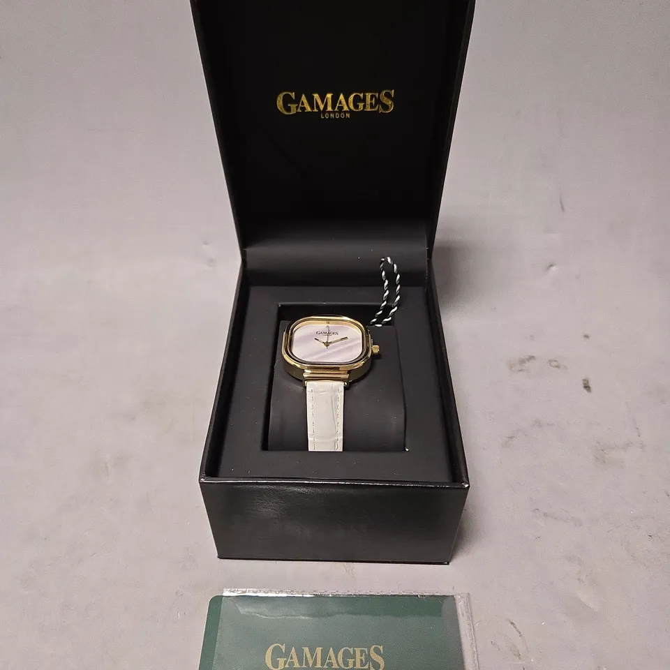 BOXED GAMAGES LADIES MIRROR WATCH IN GOLD WHITE