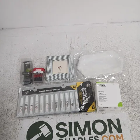 TOTE OF APPROXIMATELY 10 ASSORTED ITEMS INCLUDING PHONAX CLEANING WIPES, A SERVING TRAY AND DIY ESSENTIALS SOL SINGLE USE SUPER GLUE
