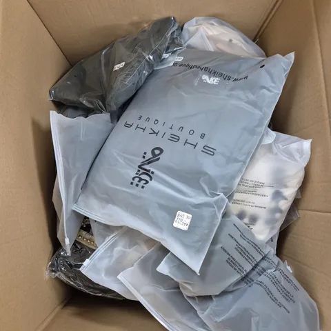 LARGE BOX OF ASSORTED CLOTHING ITEMS IN VARIOUS COLOURS, STYLES AND SIZES