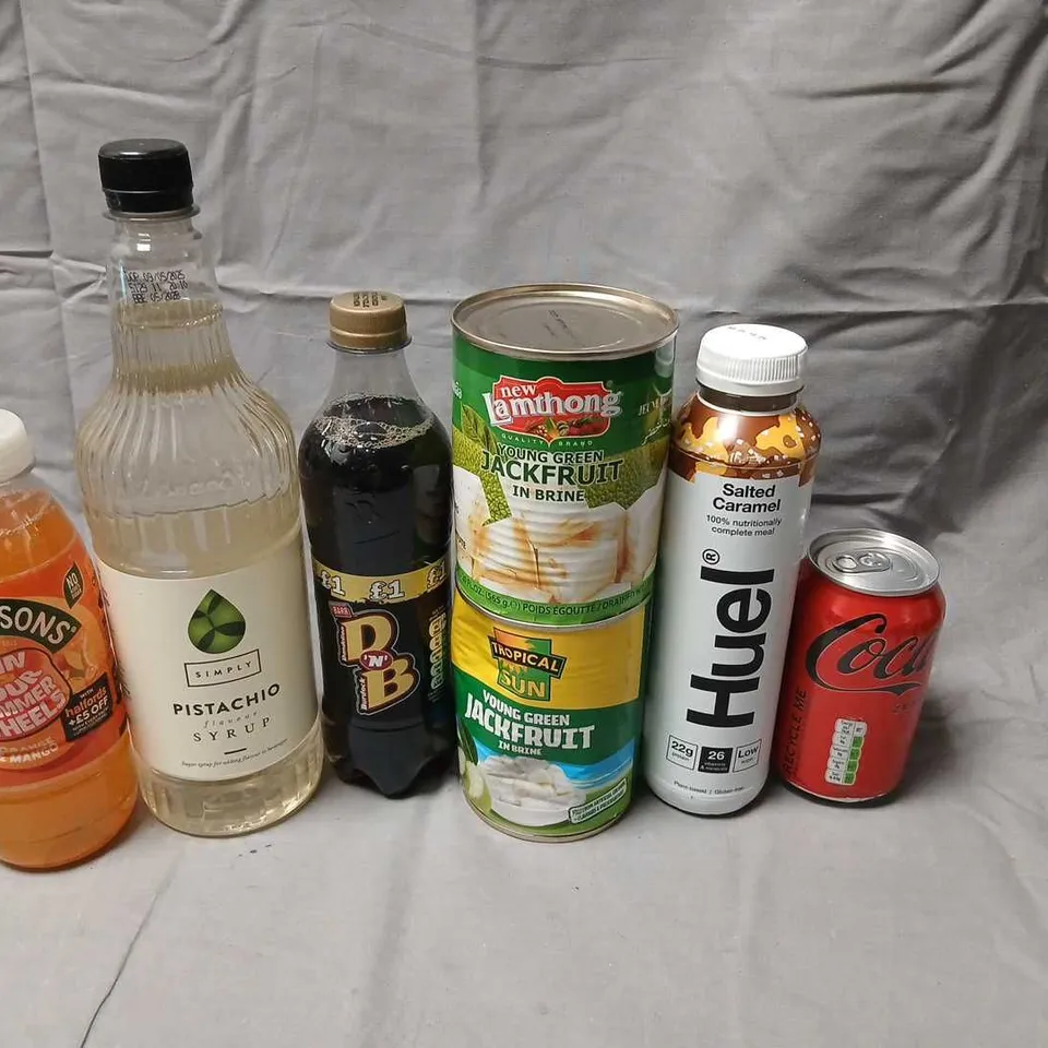 ELEVEN ASSORTED PRODUCTS TO INCLUDE; HUEL SALTED CARAMEL DRINK, TINNED JACK FRUIT, SIMPLY PISTACHIO SYRUP AND DANDELION AND BURDOCK