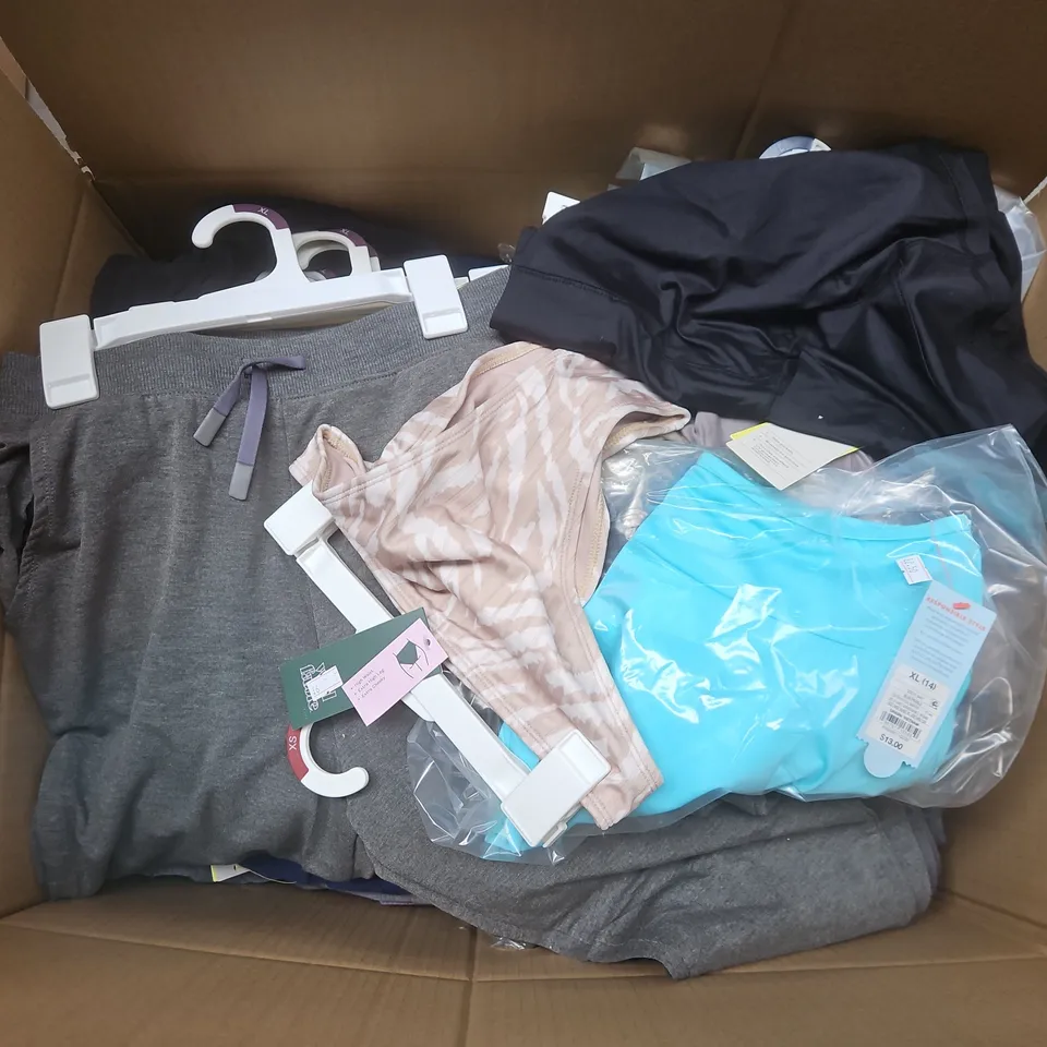 APPROXIMATELY 35 ASSORTED CLOTHING ITEMS IN VARIOUS SIZES, STYLES & COLOURS TO INCLUDE ITEMS SUCHS AS WILD FABLE BOTTOMS, ALL IN MOTION FRENCH TERRY JOGGERS, CAT & JACK CHILDRENS TROUSERS, ETC - COLLE