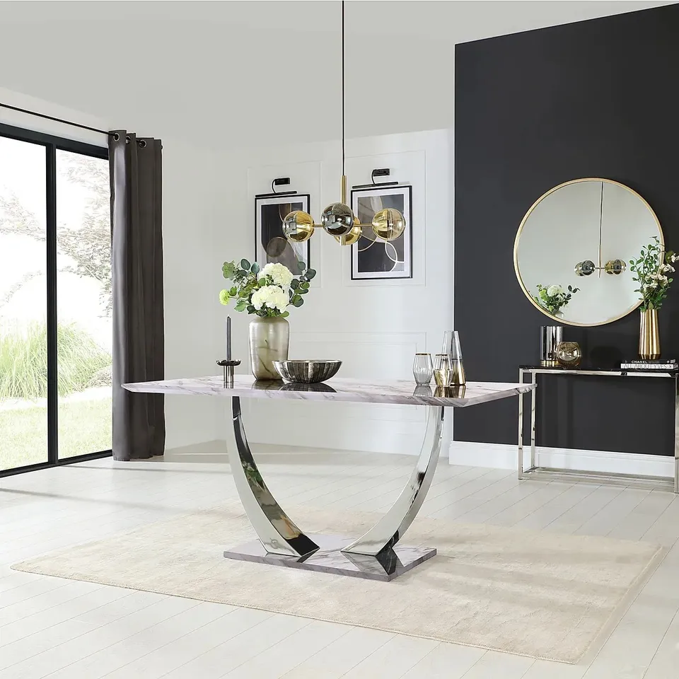 BOXED PEAKE GREY MARBLE AND CHROME 160CM DINING TABLE (3 BOXES)