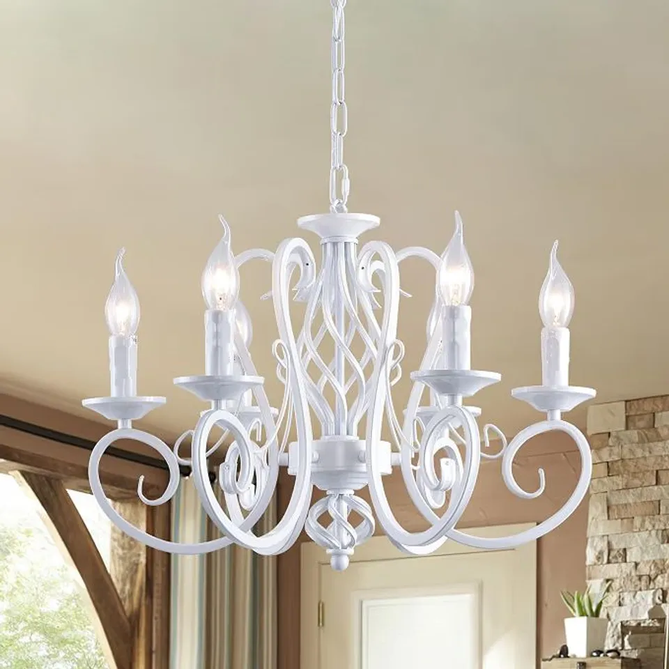 BOXED GANEED RUSTIC FRENCH COUNTRY CHANDELIER FARMHOUSE WHITE 6 LIGHTS - WHITE